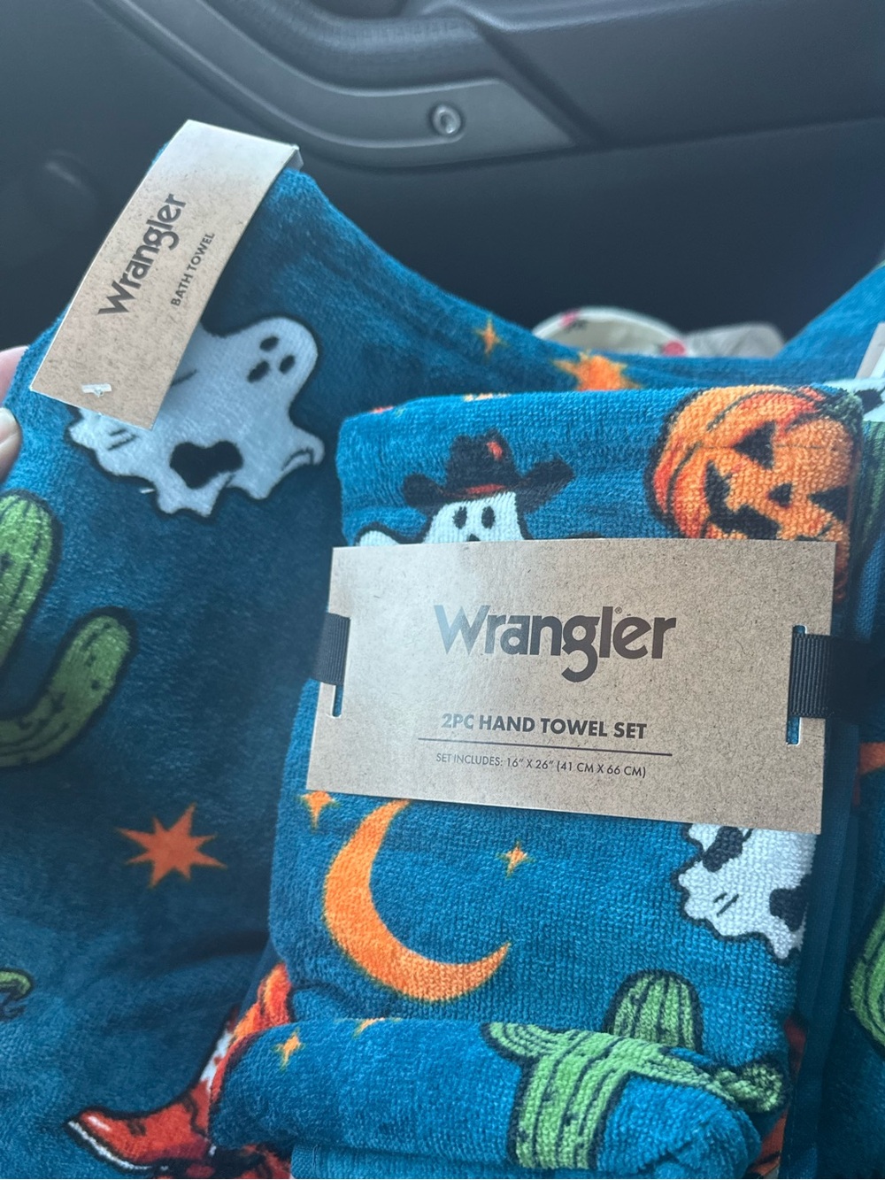 Wrangler Halloween Towel Set 4pc Teal Cowboy Ghost Pumpkin Cactus Cotton NEW